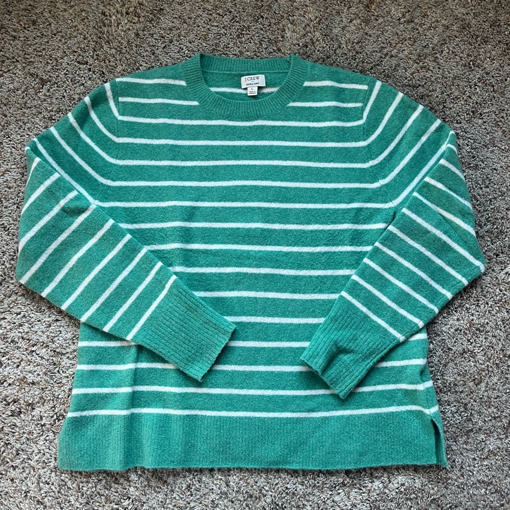 J. Crew Geeen and White Striped Crewneck Sweater, size L